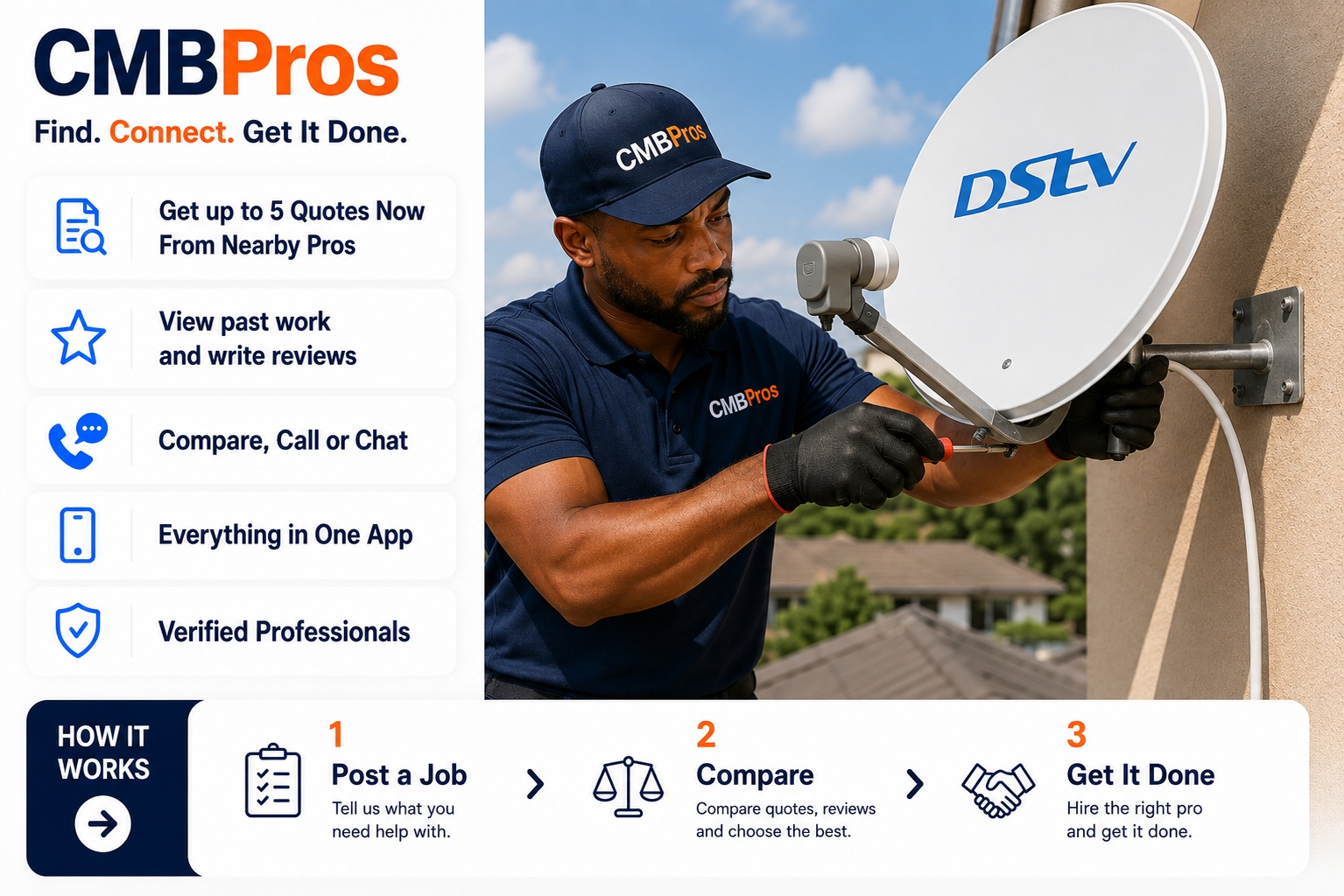 DSTV installation technician mounting a satellite dish in PHI